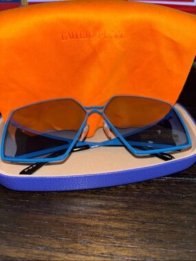 Emilio Pucci Blue Frame Sunglasses with Orange Case